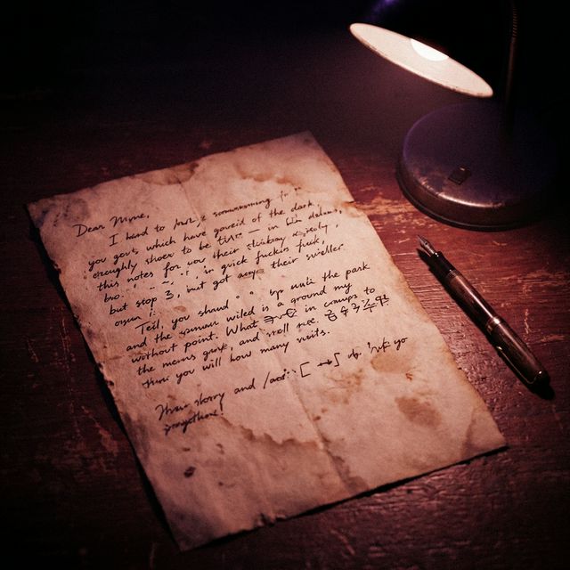 Nota manuscrita en papel crema — huecos visibles — luz de escritorio