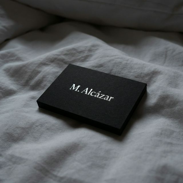 Tarjeta de visita minimalista sobre superficie de mármol — M. Alcázar · Suite 312