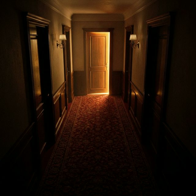Pasillo del hotel de noche — puerta 312 — luz dorada bajo la rendija