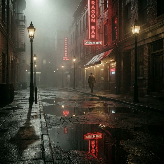 Fachada del hotel — noche — una ventana encendida